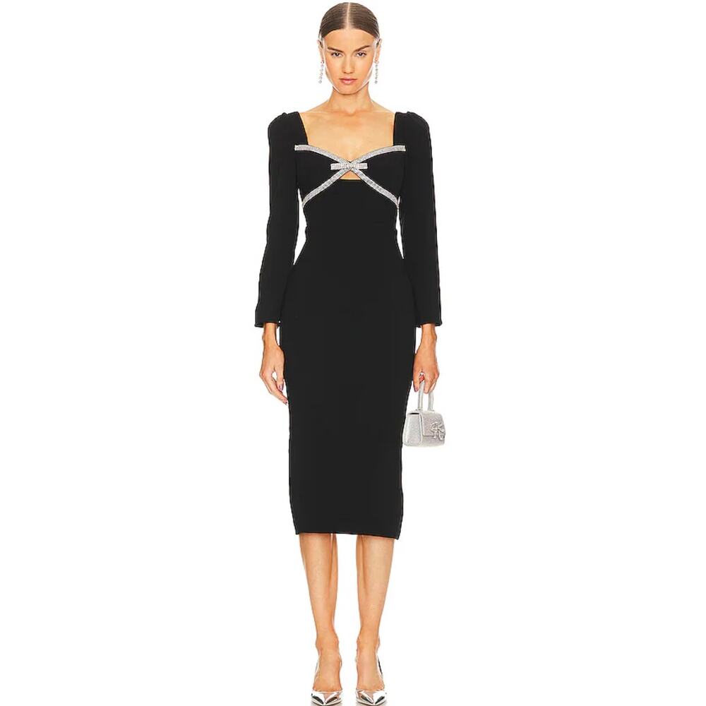 NEW REVOLVE Self-Portrait Diamante Bow Midi Dress Size 6 Black Retail $555
